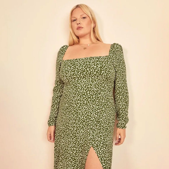 Reformation Sigmund Midi Dress in Green Moiret Print Size 14 - Picture 1 of 10